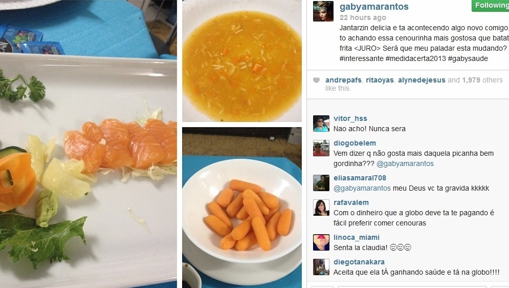 30.ago.2013- Gaby contou aos seus seguidores do Instagram que seu paladar tem mudado com a dieta para o "Medida Certa", do "Fantástico". "Estou achando essa cenourinha mais gostosa que batata frita"
