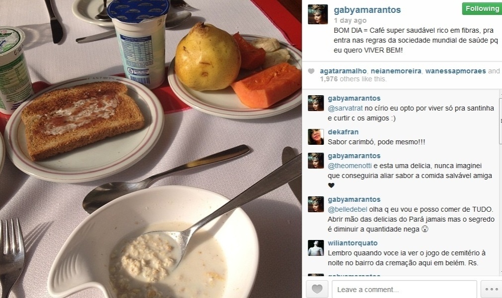 30.ago.2013- Na quinta, 29, Gaby publicou uma foto do seu café da manhã: "Super saudável rico em fibras, para entrar nas regras da sociedade mundial de saúde porque eu quero viver bem"
