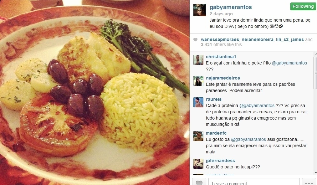 30.ago.2013- Pelo Instagram, a cantora publicou uma foto de seu jantar; "Jantar leve pra dormir linda que nem uma pena, porque sou diva", escreveu
