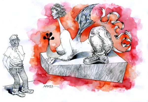 No cartum de Mariza Dias Costa, Crumb tenta decifrar o enigma da esfinge crumbiana - Mariza Dias Costa/UOL