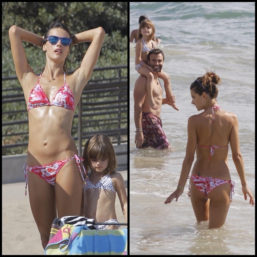 03.set.2013 - Alessandra Ambrosio mostra corpão na praia de Santa Mônica na Califórnia. A modelo esteve com a filha Anja e com o marido Jaime Mazur,