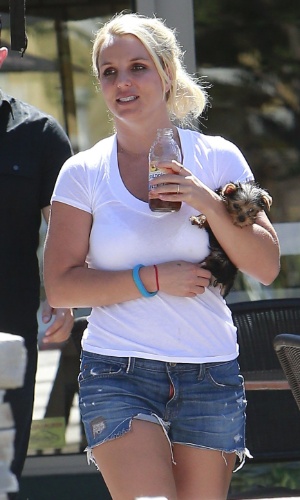 5.set.2013 - Britney Spears passeia com cachorro em Los Angeles e exibe lábios mais cheios
