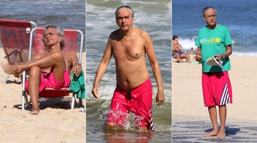9.set.2013 - Caetano Veloso curtiu praia no Leblon, zona sul do Rio. O cantor se banhou no mar, tomou sol e chegou a tirar fotos com fãs