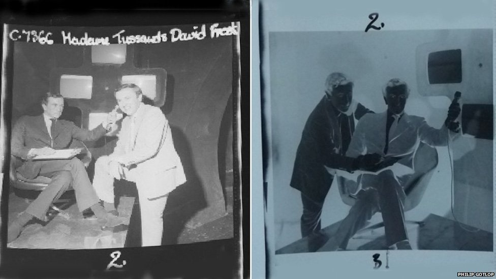 Edwards acredita que a maioria dos negativos do Phillip Gotlop são inéditos. Negativos do jornalista e apresentador britânico David Frost encontrando sua versão em cera no museu Madame Tussauds em Londres, fazem parte de uma série que incluem imagens de muitas celebridades britânicas. - BBC