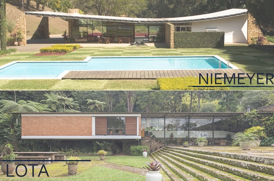 Veja à direita, a casa usada no filme "Flores Raras" e projetada por Oscar Niemeyer e, à esquerda, a casa assinada por Sergio Bernardes, onde viveram na vida real Lota Macedo Soares e Elizabeth Bishop - Leonardo Finotti/ Montagem UOL