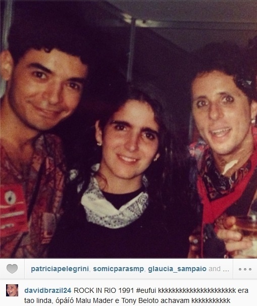 12.set.2013- David Brazil publicou uma foto em que aparece ao lado de Malu Mader e Tony Belloto no Rock in Rio de 1991