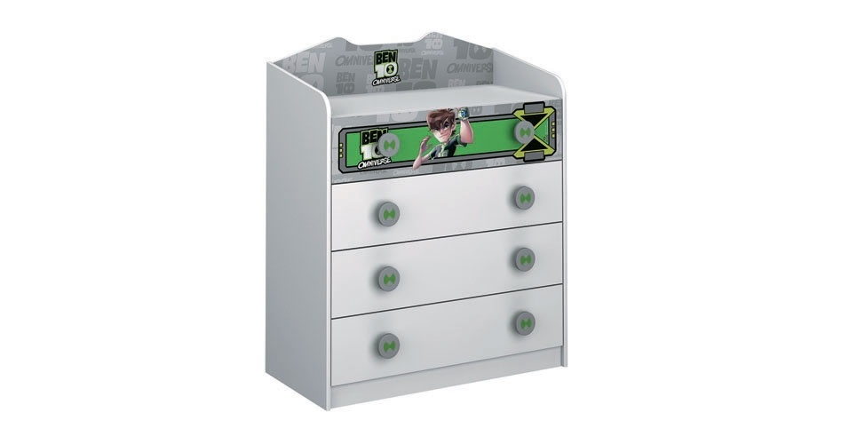 Cômoda com quatro gavetas, modelo Ben 10 Star, da Pura Magia. Feito de MDF, o móvel possui as seguintes dimensões: 119 cm de altura, 92,2 cm de largura e 45,1 cm de profundidade. Na Bebê Store (http://www.bebestore.com.br/), R$ 669,90. Preço pesquisado em setembro de 2013 e sujeito a alteração - Divulgação