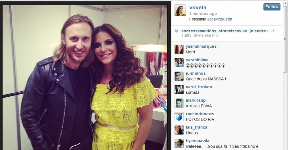 13.set.2013 - Ivete Sangalo registra momento com David Guetta. Os dois se apresentam no Palco Mundo