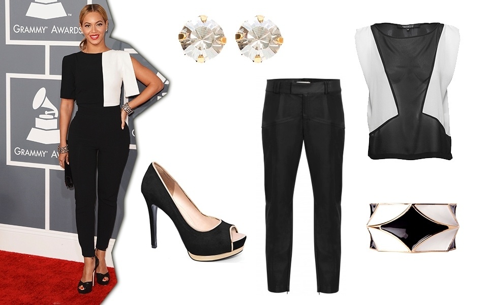 O preto e branco é um dos maiores hits da moda atualmente. Para se inspirar no look de Beyoncé, basta apostar em uma blusa com recortes com a dupla de cores e combiná-la com uma calça preta. Os braceletes iguais em cada braço ajudam a deixar o look mais moderno e elegante - Getty Images e Divulgação