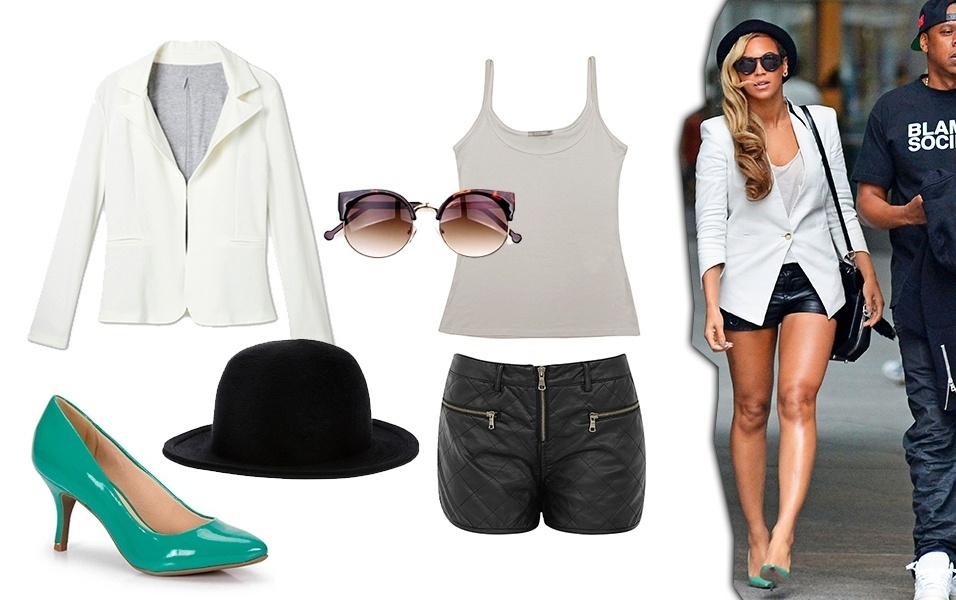 Simples e estilosa, Beyoncé mostra que mesmo com peças básicas é possível montar um look interessante. O blazer branco e o short de couro (peças que estão em alta na moda) foram combinados com chapéu preto e óculos redondo. O ponto de cor do look ficou nos pés - Divulgação