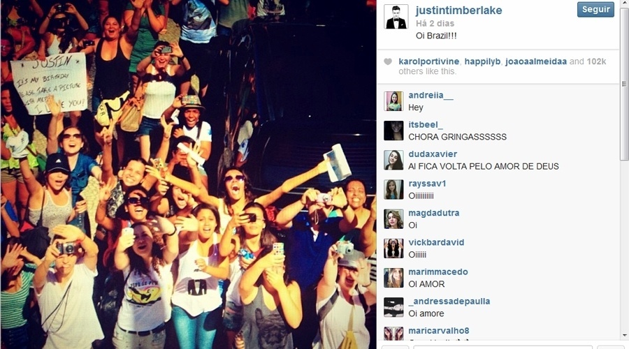 14.set.2013 - O cantor Justin Timberlake dá "oi" para os fãs brasileiros via Instagram