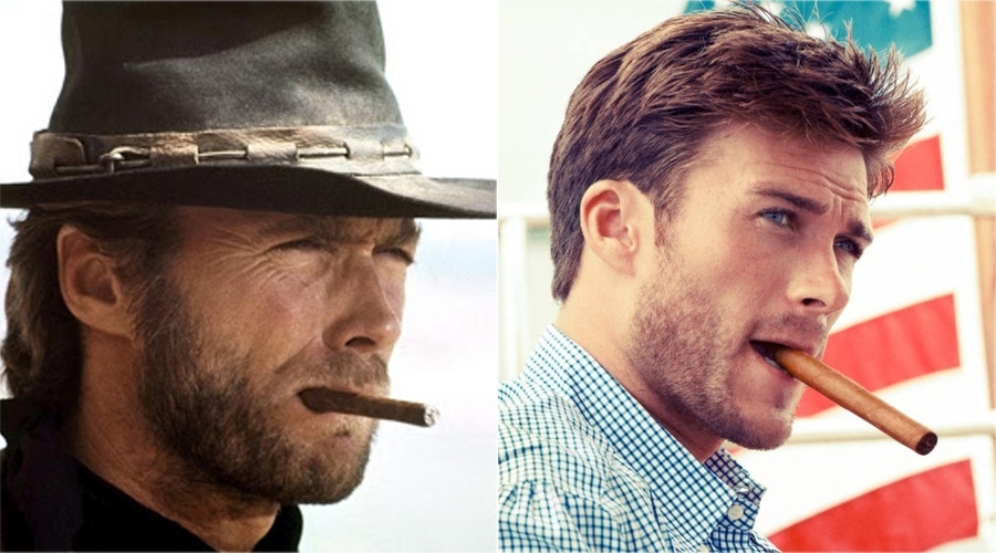 Scott Eastwood imita pose e fica a 'cara' do pai, o diretor e ator de cinema Clint Eastwood
