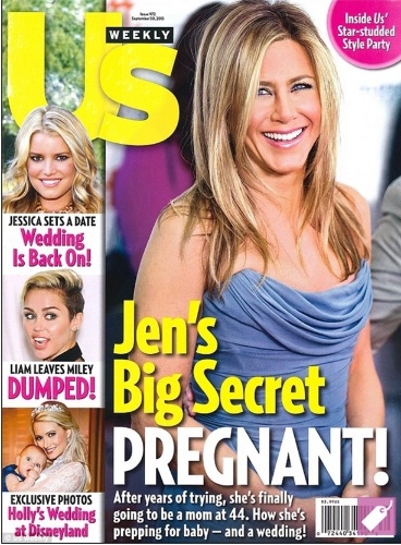 A "US Weekly" noticiou, pela segunda vez, que a atriz Jennifer Aniston estaria grávida de seu primeiro filho, fruto do relacionamento com Justin Theroux. A informação teria sido divulgada por uma fonte da revista. Em conversa com o site DailyMail, o representante da atriz negou o boato