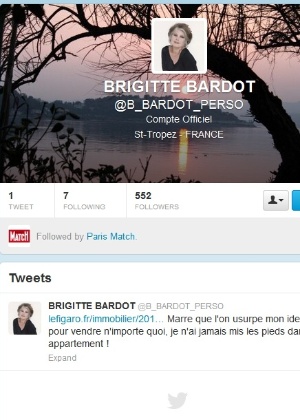 Em seu primeiro tuíte, Brigitte Bardot critica quem usa o seu nome sem autorização