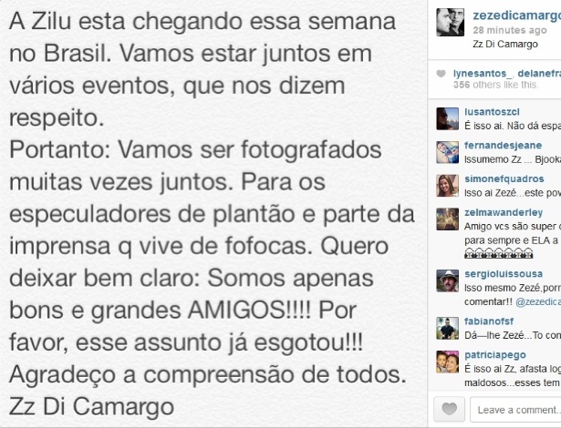 23.set.2013 - Zezé Di Camargo avisa pelo Instagram que vai encontrar Zilu, mas eles não voltaram