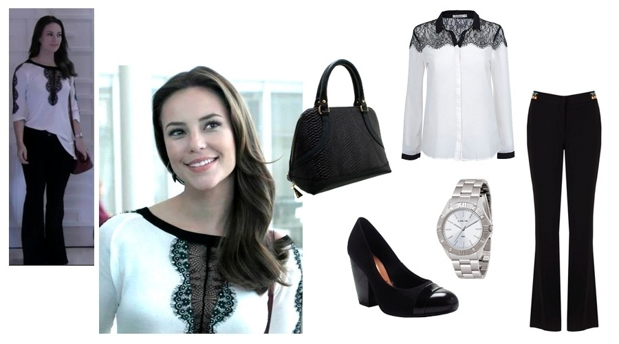 Além dos vestidos longos, Paloma (Paolla Oliveira) também usa calças flare (boca de sino) em cores neutras e básicas e as combina com blusas, batas e camisas da moda. O preto e branco é tendência e as blusas com detalhe em renda estão em alta e podem ser encontradas em diversas lojas - Reprodução e Divulgação