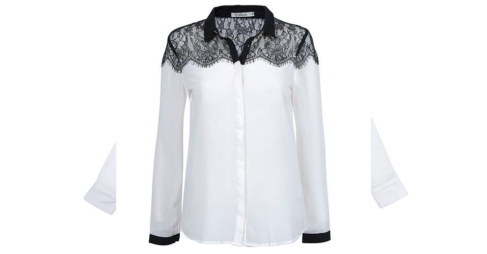 Camisa branca com renda, gola e punhos em preto; R$ 159,90, na Olook (www.olook.com.br) - Divulgação