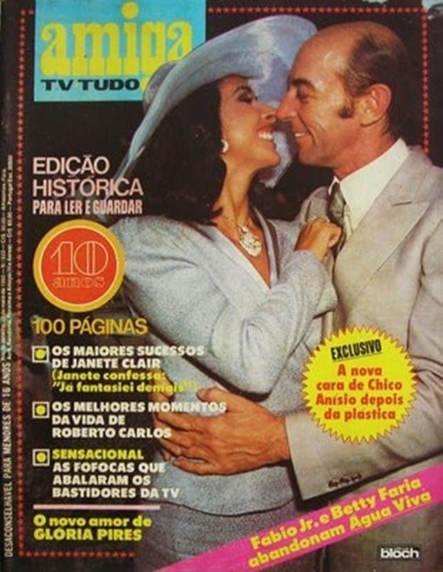 Capa da revista "Amiga" falando da saída de Betty Faria e de Fábio Jr. da novela "Água Viva"