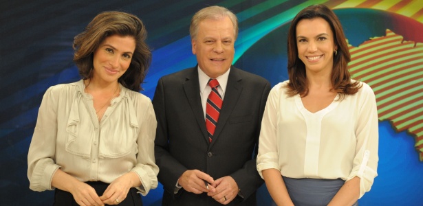 Renata Vasconcellos (esq.) se despede do "Bom Dia Brasil" e, ao lado de Chico Pinheiro, dá as boas vindas a Ana Paula Araújo (dir.)