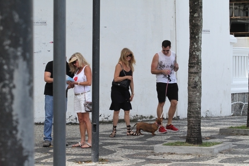 1.out.2013 - Goldie Hawn passeia em Ipanema, no Rio de Janeiro, e para apara conversar com dono de cachorro. A atriz está na cidade para o baile de gala da amfAR, que acontece nesta sexta-feira (4) no Copacaba Palace