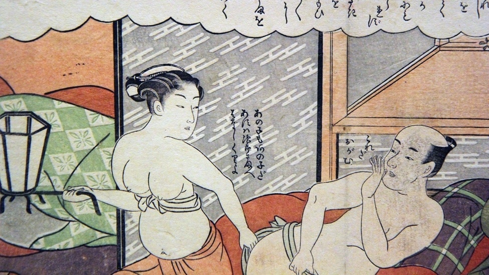 Imagens da exposição "Shunga - Sex and Pleasure in Japanese Art ", em Londres, com xilografias mostrando detalhes explícitos de relações sexuais - Reprodução