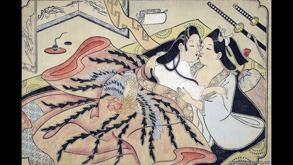 Imagens da exposição "Shunga - Sex and Pleasure in Japanese Art ", em Londres, com xilografias mostrando detalhes explícitos de relações sexuais - Reprodução