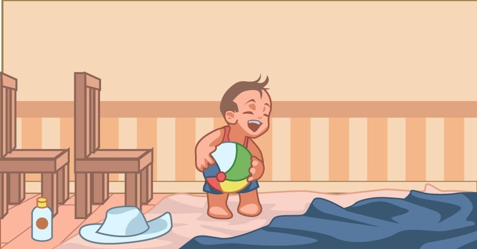 Praia aqui: a intenção dessa brincadeira é transformar a sala de casa, ou outro cômodo propício, em uma praia particular. A atividade começa montando uma mala de verdade, com sunga, bíquini, canga, toalha, brinquedos de areia... As cadeiras da mesa de jantar podem se transformar no carro que levará as crianças até o litoral. Ao chegar ao destino, tecidos se transformam em areia e mar e é só curtir - Divasca/Arte UOL