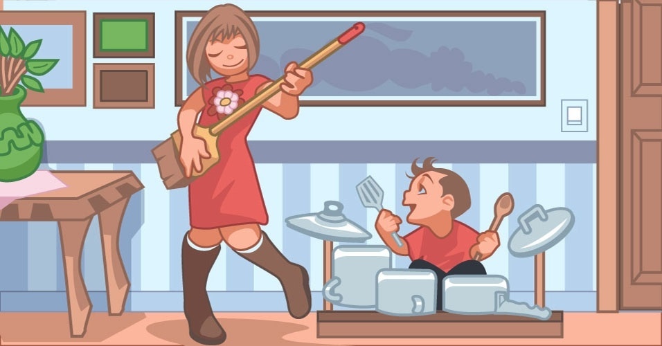 Banda de rock: quem precisa de instrumentos de verdade quando se tem todos os utensílios da cozinha e da área de serviço a dispor? Com criatividade, panelas de diversos tamanhos viram tambores de bateria. Colheres se transformam em baquetas. Vassoura e rodo podem ser guitarra e baixo, e pegador de sorvete assume a função de microfone. Além de liberar os objetos, os adultos podem aumentar a diversão brincando junto - Divasca/Arte UOL