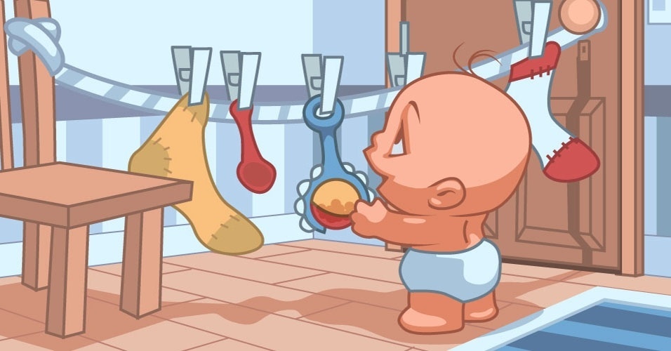 Varal de brincar: em uma altura confortável para a criança, o adulto pode amarrar a ponta de uma corda, ou tecido enrolado, na maçaneta da porta e a outra no pé da mesa e pendurar nela uma série de objetos, como colheres, sapatinhos da própria criança, meias de tecidos diferentes, entre outros. Os menores de dois anos vão se divertir ao explorar todos os materiais disponíveis - Divasca/Arte UOL