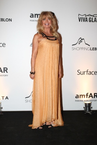 4.out.2013 - A atriz americana Goldie Hawn prestigiou na noite desta sexta o baile de gala organizado pela amfAR no hotel Copacabana Palace, no Rio. A ONG destina recursos à pesquisa da cura e tratamento da Aids