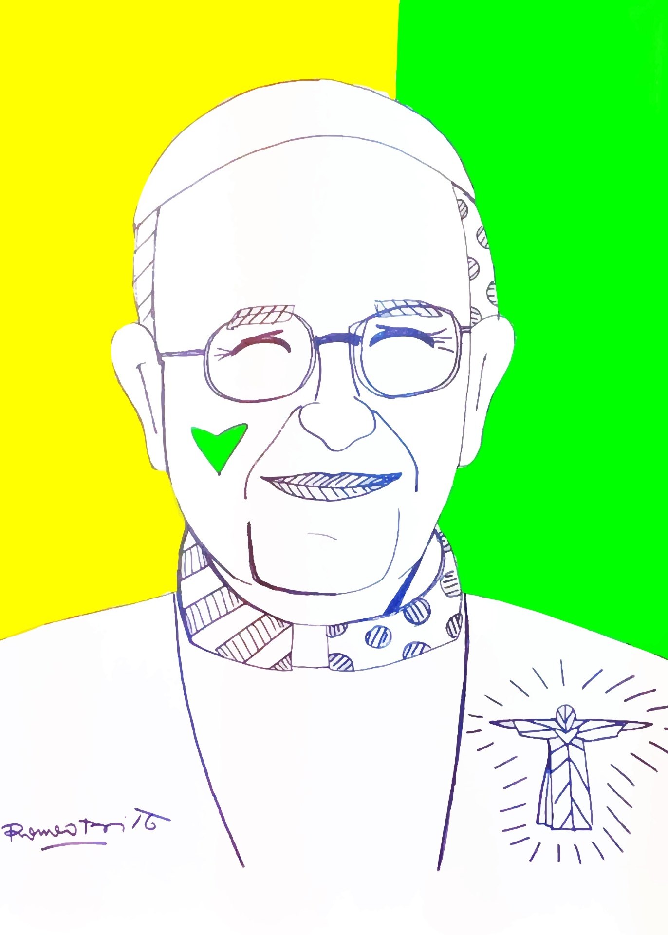 Desenho feito por Romero Britto para homenagear o Papa Francisco durante a passagem do pontífice pelo Brasil - Divulgação