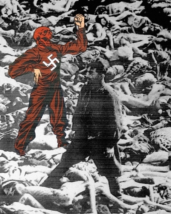 Ilustração de Butcher Billy sobre a foto de Dr. Fritz Klein, médico nazista, em meio a cadáveres de centenas de prisioneiros - Butcher Billy/Divulgação