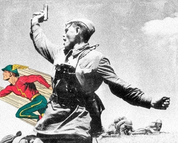 Ilustração de Butcher Billy sobre a foto do comandante A. Yeremenko liderando seus soldados na 2ª Guerra Mundial, por Max Alpert - Butcher Billy/Divulgação
