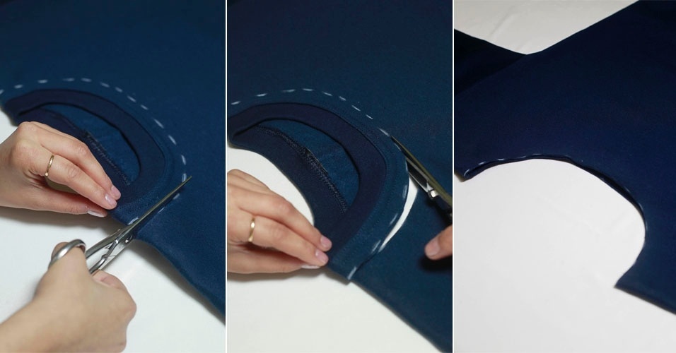 Com a tesoura para tecido, recorte toda a gola do moletom a partir do pontilhado. Não se preocupe com as marcas de giz. Depois, para removê-las, basta passar um pano úmido sobre o tecido - Reinaldo Canato/UOL