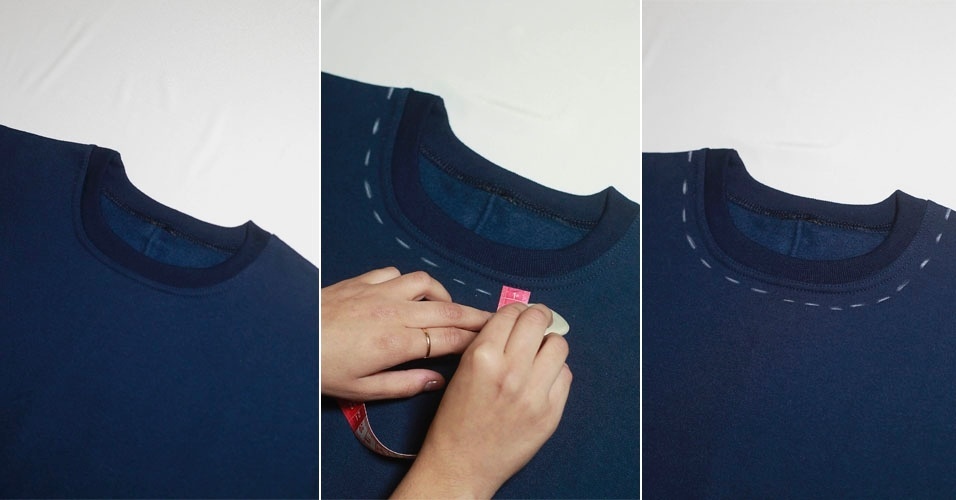 Posicione o moletom em uma superfície plana e faça um pontilhado, com giz de alfaiate, a uma distância de, mais ou menos, um centímetro da costura da gola - Reinaldo Canato/UOL