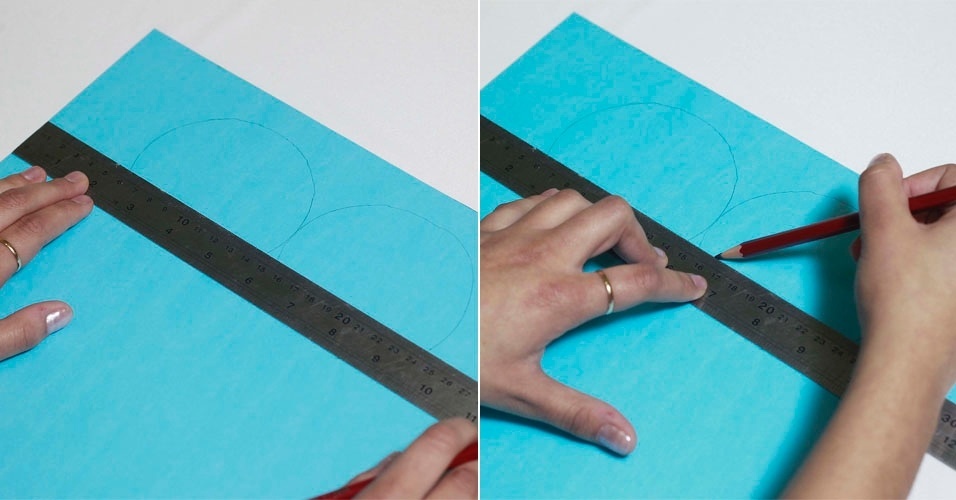 Nessa etapa de preparação do molde de coração para personalizar o moletom, desloque a régua para cima, de modo que a parte inferior dela fique na linha em que terminam os círculos. Faça um traço horizontal que termina nas laterais dos círculos - Reinaldo Canato/UOL