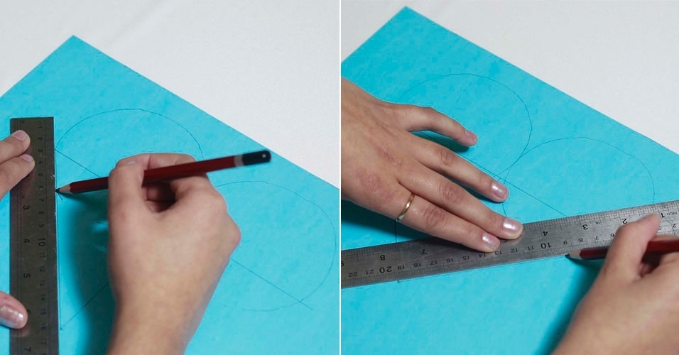 Posicione a régua na diagonal, unindo os traços horizontal e vertical, e faça mais um traço. Faça o mesmo do outro lado. O seu molde de coração para personalizar o moletom já está pronto - Reinaldo Canato/UOL