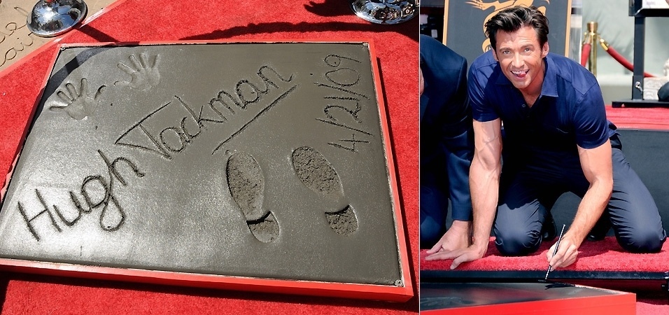 Hugh Jackman deixa suas marcas e assina seu lugar entre as estrelas de Hollywood, na Calçada da Fama (21/4/2009)