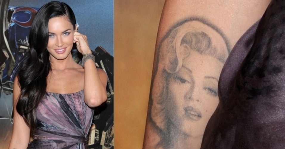 A atriz Megan Fox tatuou no antebraço direito o rosto da estrela Marilyn Monroe. Na foto, a atriz na divulgação do filme "Transformers" em Paris (12/6/2009).
