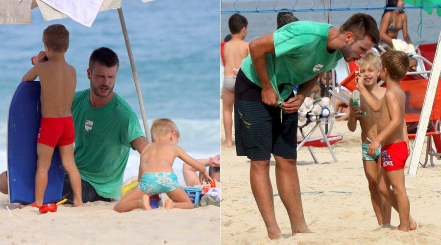 Rodrigo Hilbert leva os filhos gêmeos, João e Francisco, à Praia do Leblon, no Rio