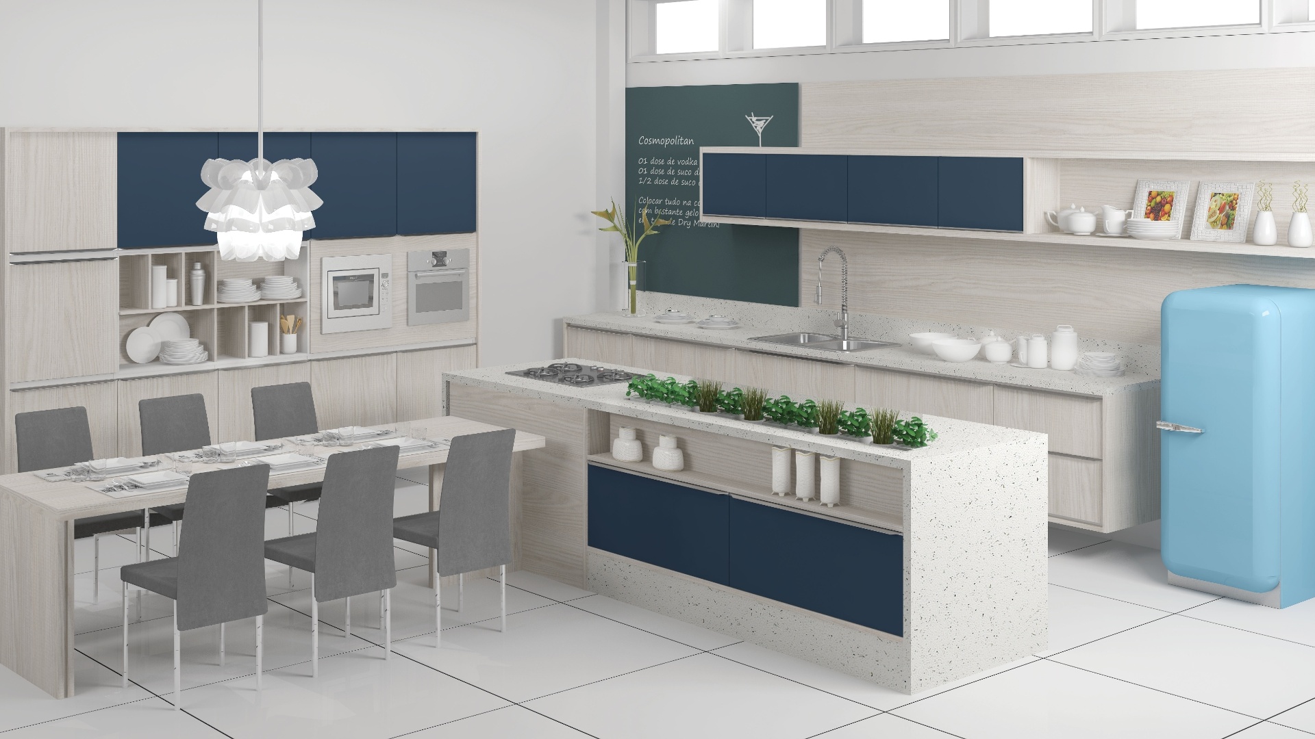 Na cozinha Frassino + Azul Pet, da Italínea (www.italinea.com.br), a ilha com cooktop possibilita que a pessoa que esteja cozinhando converse e interaja com os convidados, estes acomodados à grande mesa em frente. Na pedra da ilha, foi criado um nicho para colocação dos vasinhos de temperos que serão utilizados no preparo dos alimentos - Divulgação