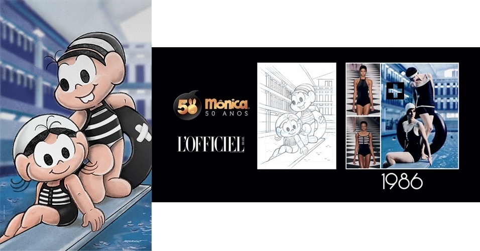 As comemorações dos 50 anos da Turma da Mônica ganharam presente fashion com a exposição "Turma da Mônica no Mundo da Moda", que mostra painéis que trazem a protagonista, Mônica, em looks criadores por estilistas brasileiros. Este, é de Adriana Degreas - Divulgação