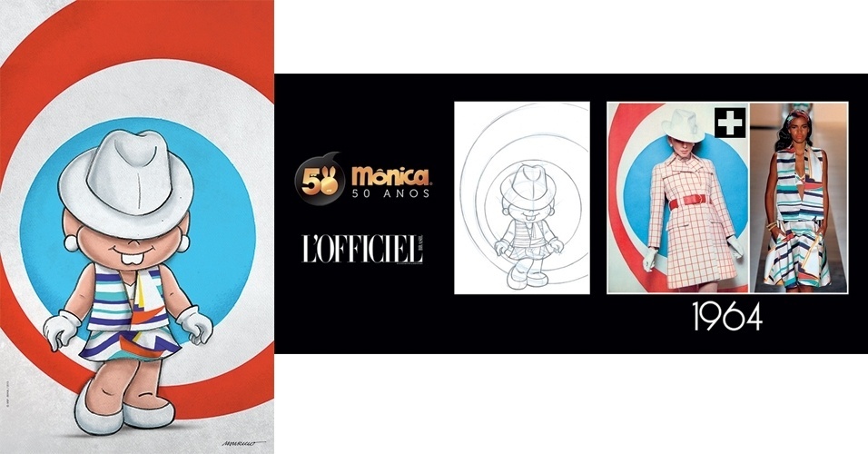 Mônica veste criação da Tufi Duek. A exposição, fica em cartaz de 19 a 27 de outuvro de 2013, na Livraria da Vila do Shopping JK, em São Paulo. Os painéis são parceria da Mauricio de Sousa Produções e a revista L?Officiel - Divulgação