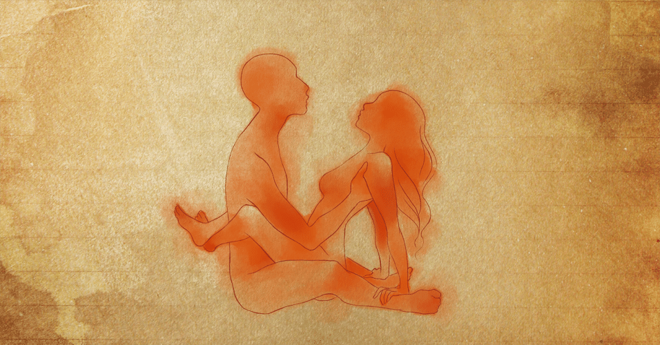 POSIÇÃO 1: homem e mulher se sentam um de frente para o outro, as pernas dela passam por cima das pernas dele e se entrelaçam nas costas do parceiro. O homem segura o corpo da mulher, dando suporte para que ela faça movimentos de vai e vem. Ela também pode apoiar as mãos nas pernas dele para sentir-se mais segura. Essa posição permite que o casal fique frente a frente e troque beijos e abraços. - Leh Latte/UOL