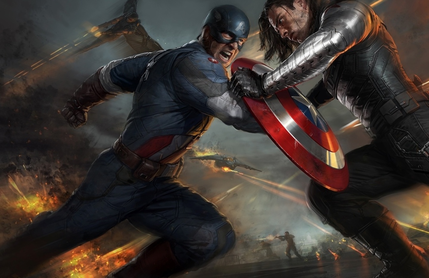 Arte conceitual de "Capitão América 2: O Soldado Invernal" mostra o herói lutando com o vilão que dá nome ao filme - Marvel