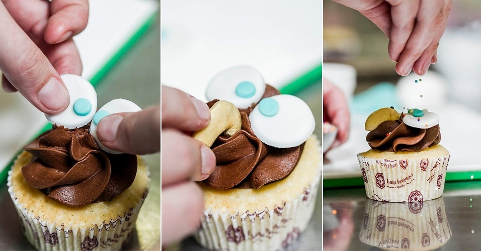 Para finalizar o cupcake decorado como coruja, coloque uma castanha de caju para fazer as vezes de nariz da ave. Finalizando salpicando confeitos coloridos - Leonardo Soares/UOL