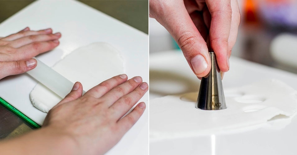 Para decorar o cupcake como uma coruja, pegue a pasta americana branca e, com ajuda do rolinho, abra até que fique bem fina. Com o cortador de cerca de dois centímetros de diâmetro, faça dois círculos para cada bolinho que quiser decorar. Você pode usar qualquer cortador. Vale até tampinha de garrafa - Leonardo Soares/UOL