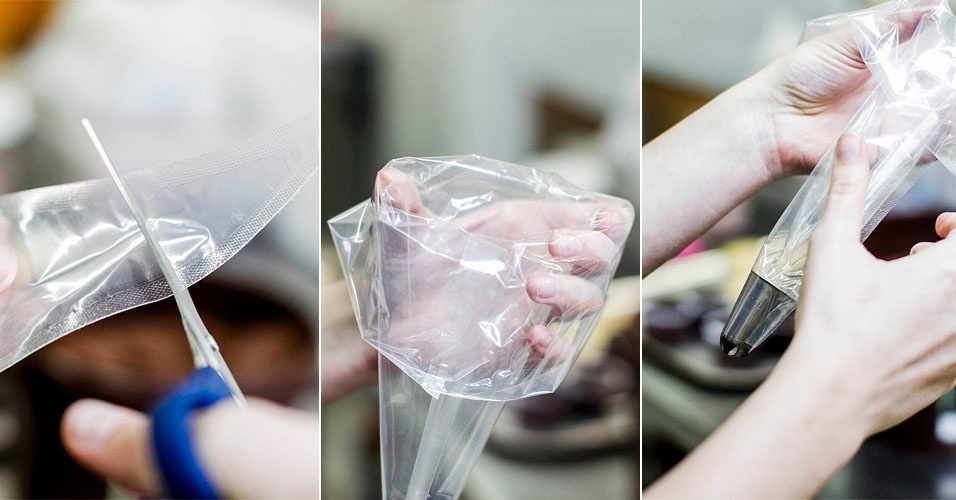 Você pode encontrar o saco para confeitar em lojas especializadas de confeitaria. Eles podem ser de pano, de lona ou de plástico. O acessório existe em diversos tamanhos. Esse é de plástico (o que facilita, pois é descartável) e tem 30 cm.  Para colocar a ganache de chocolate, corte a pontinha do saco. Dobre a parte de cima, cobrindo sua mão, formando um apoio. Coloque o bico de metal e verifique se ele está bem preso - Leonardo Soares/UOL