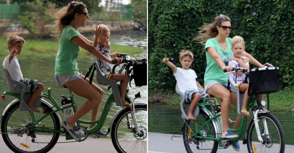 23.out.2013 - Fernanda Lima passeia de bicicleta com os filhos na Lagoa Rodrigo de Freitas.