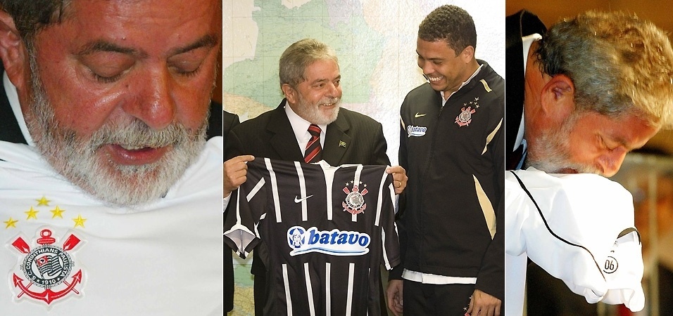 Lula é outro grande fã do Corinthians. Conheceu Ronaldo (centro), visitou a sede, participou da inauguração do memorial do clube no Parque São Jorge, e recebeu o time em Brasília após a conquista do título da Copa do Brasil de 2009